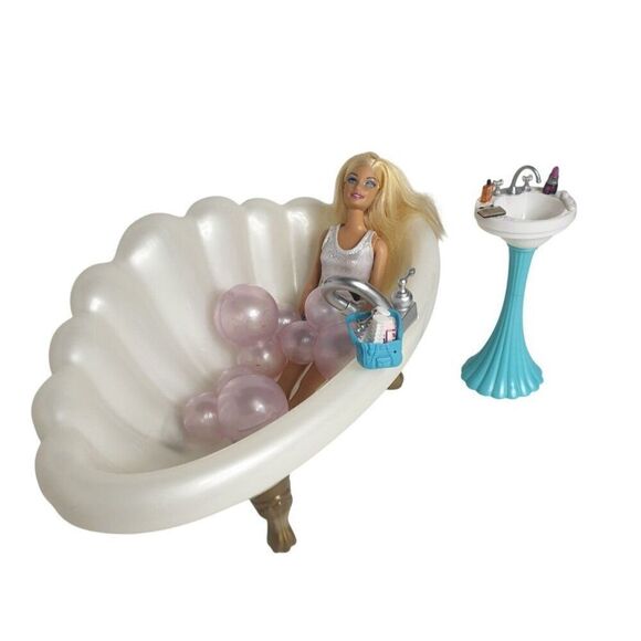 Barbie Bath Playset With Doll & Accessories Stylish Bathtub Sink Dollhouse Set - Picture 2 of 7